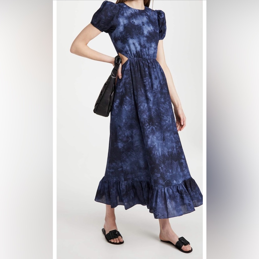 Likely Rosa Dress Indigo Blue Tie-Dye Puff Sleeve Smocked Poplin Maxi